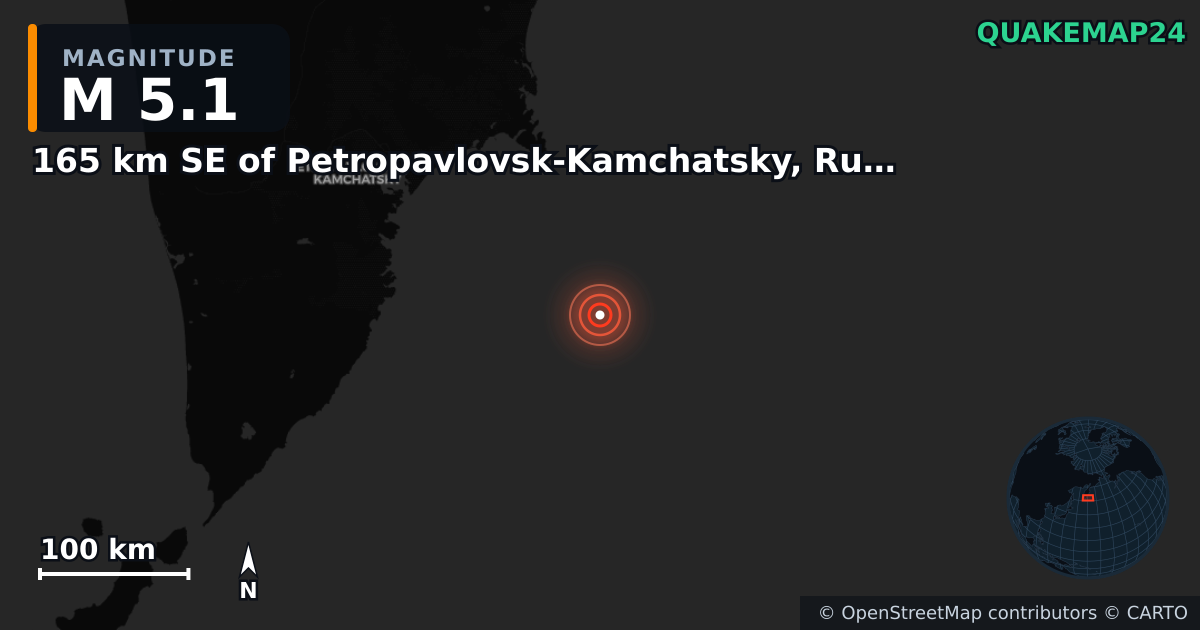 M5.1 earthquake near 165 km SE of Petropavlovsk-Kamchatsky, Russia on Sep 18, 2025 — map of epicenter and shaking intensity | QuakeMap24