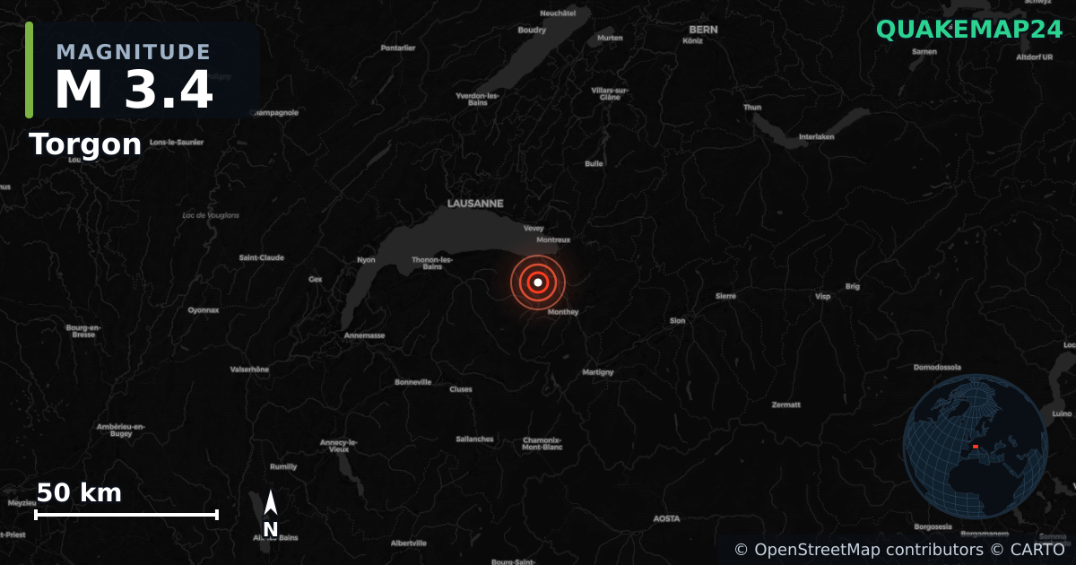 M3.4 earthquake near Torgon on Jul 3, 2026 — map of epicenter and shaking intensity | QuakeMap24