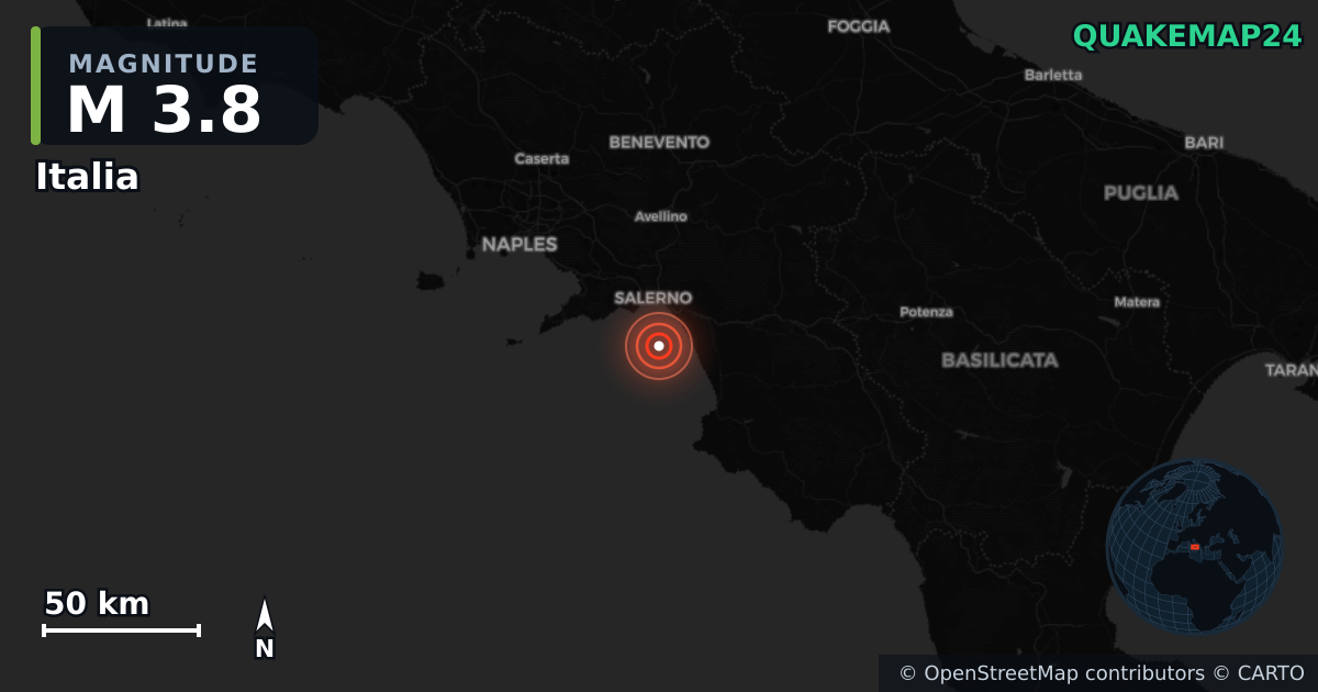 M3.8 earthquake near Italia on Apr 20, 2026 — map of epicenter and shaking intensity | QuakeMap24