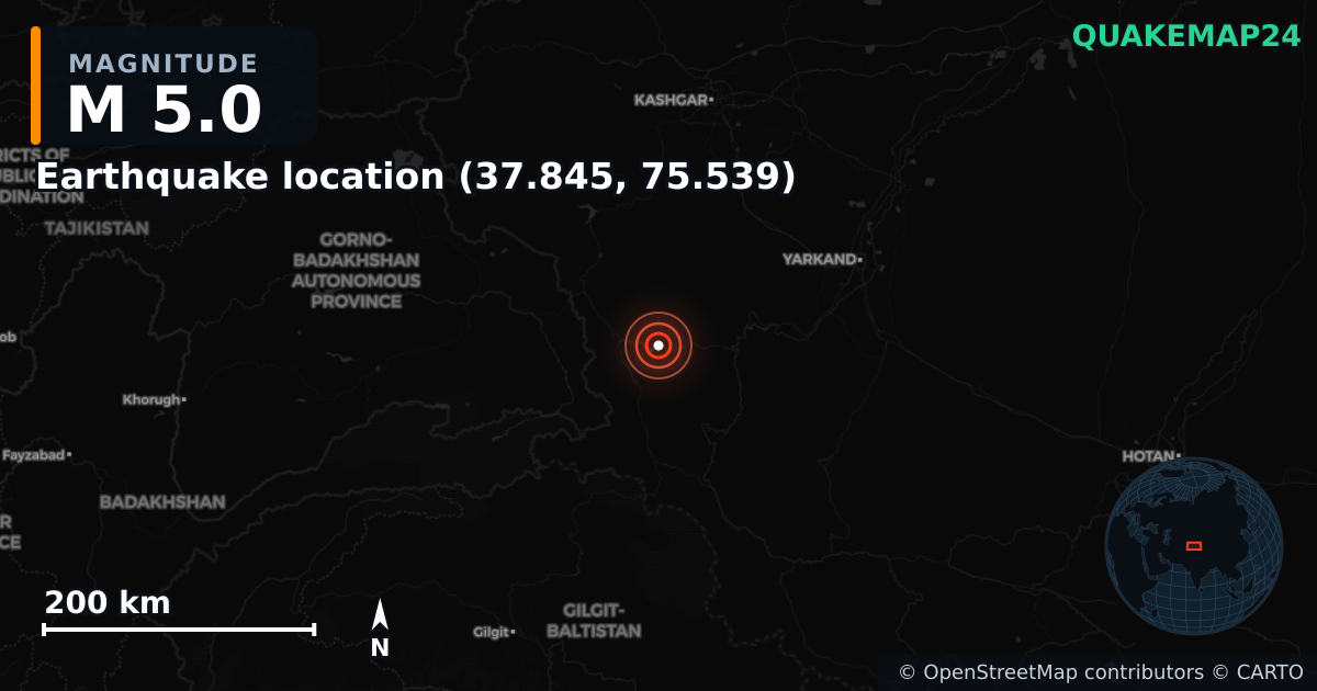 M5.0 earthquake near Earthquake location (37.845, 75.539) on Jan 6, 2026 — map of epicenter and shaking intensity | QuakeMap24