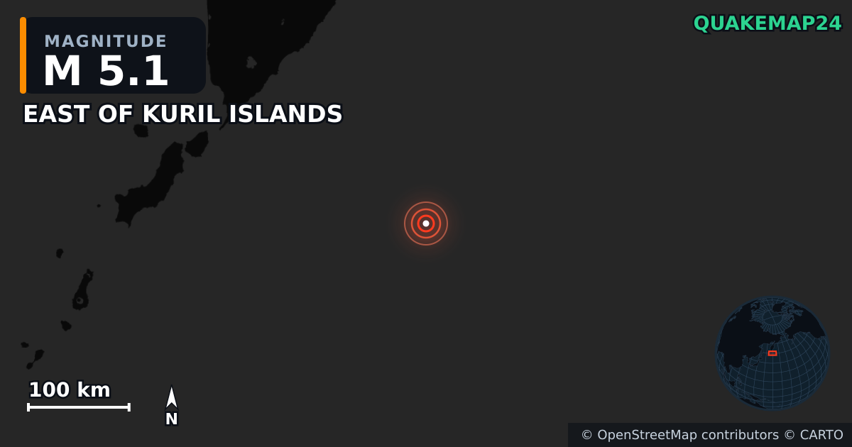EAST OF KURIL ISLANDS yakınında M5,1 deprem — Deprem merkez üssünün konumunu gösteren harita