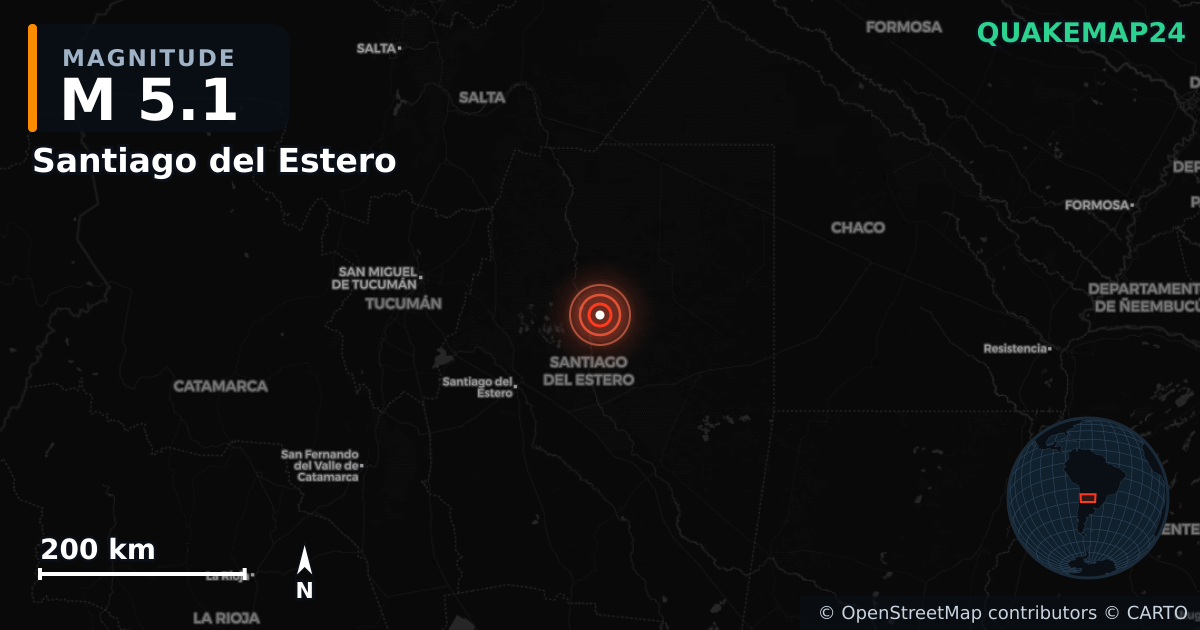 M5.1 earthquake near Santiago del Estero on Jul 9, 2025 — map of epicenter and shaking intensity | QuakeMap24