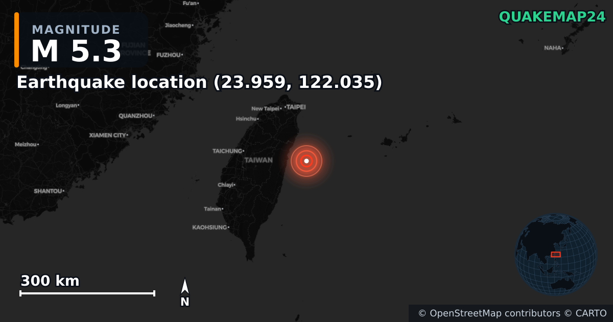 M5.3 earthquake near Deprem konumu (23.959, 122.035) on May 5, 2025 — map of epicenter and shaking intensity | QuakeMap24