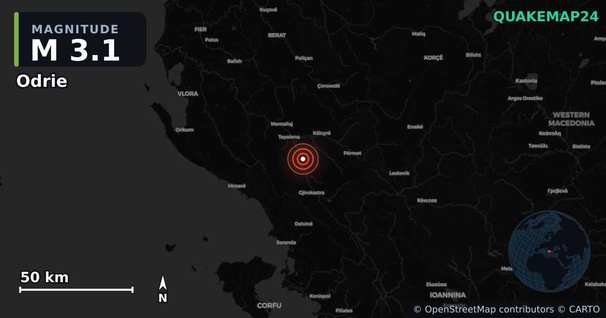M3.1 earthquake near Odrie on Jan 9, 2026 — map of epicenter and shaking intensity | QuakeMap24
