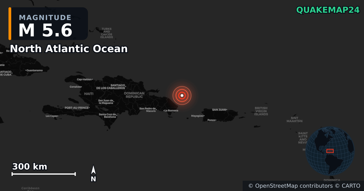 M5.6 earthquake near North Atlantic Ocean on Jun 24, 2025 — map of epicenter and shaking intensity | QuakeMap24
