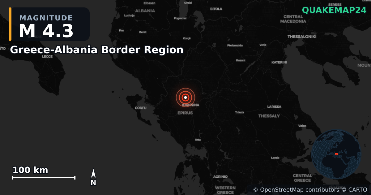 M4.3 earthquake near Greece-Albania Border Region on Apr 6, 2026 — map of epicenter and shaking intensity | QuakeMap24