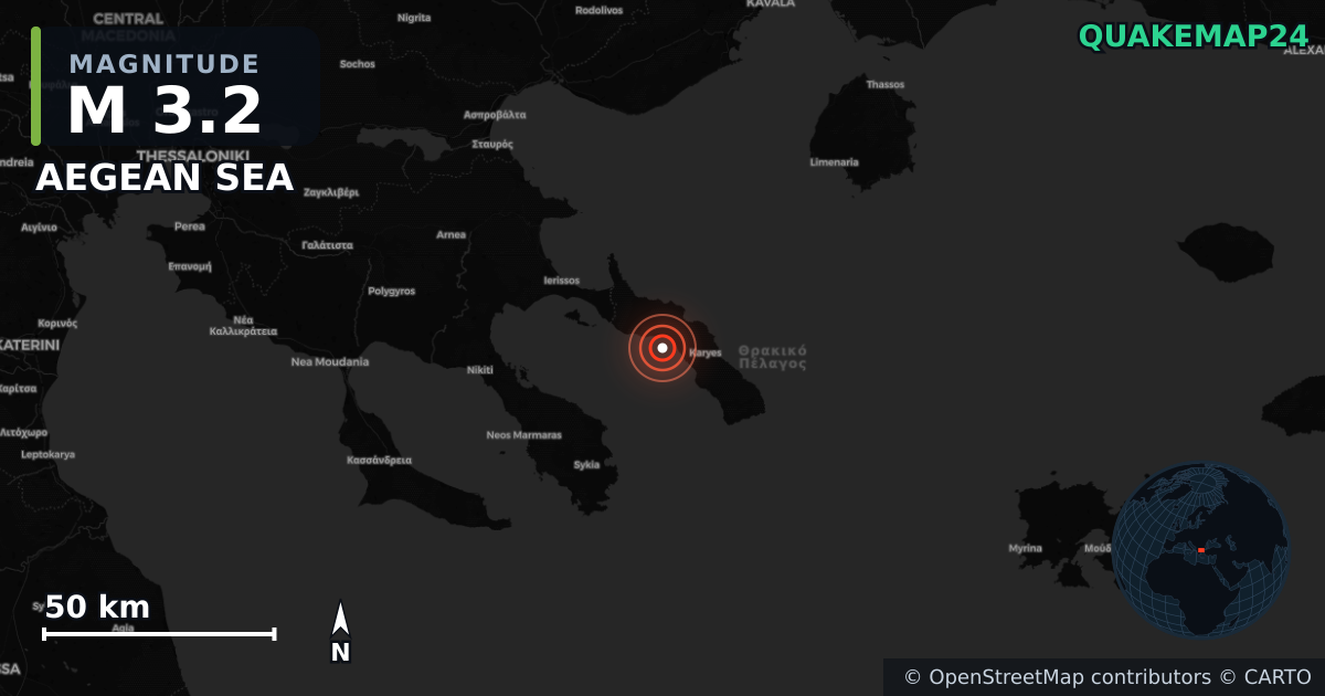 M3.2 earthquake near AEGEAN SEA on Jul 30, 2025 — map of epicenter and shaking intensity | QuakeMap24