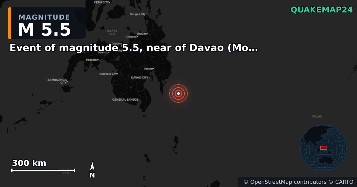 Terremoto de M5,5 cerca de Event of magnitude 5.5, near of Davao (Monde) — Mapa de la ubicación del epicentro