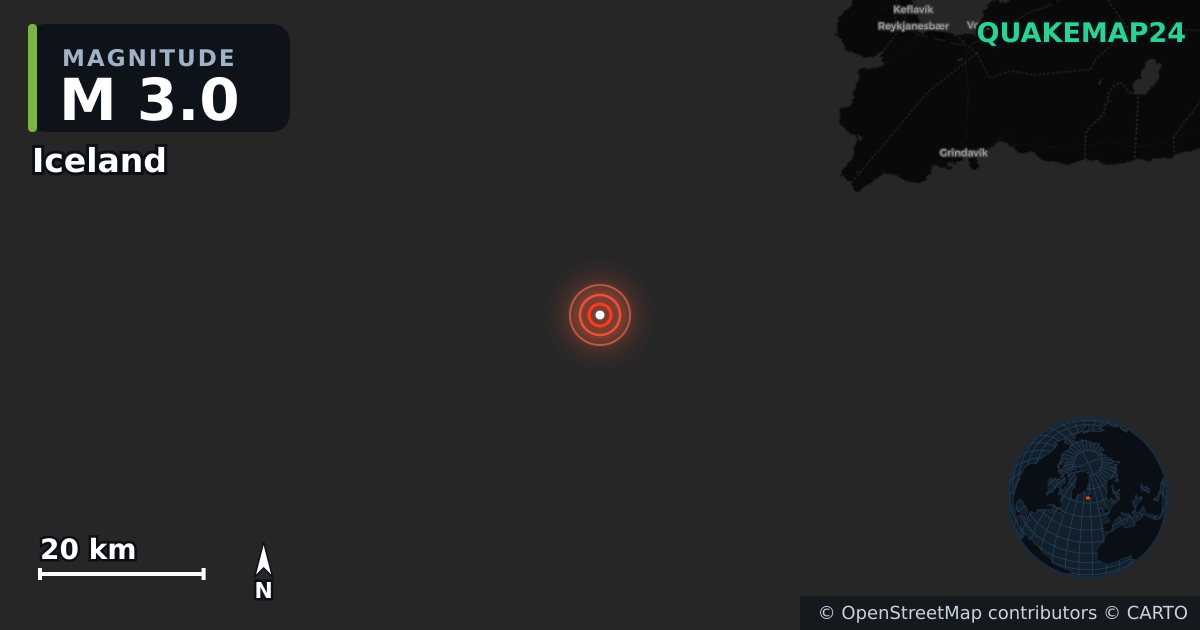 M3.0 earthquake near Iceland on Aug 11, 2026 — map of epicenter and shaking intensity | QuakeMap24
