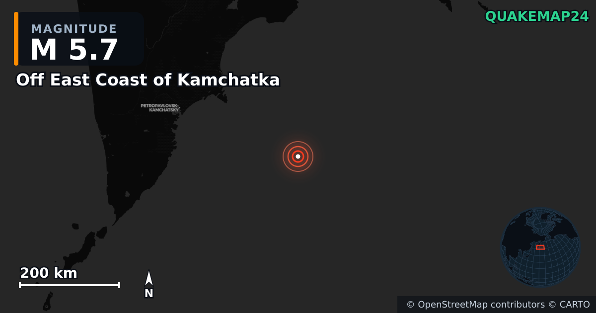M5.7 earthquake near Off East Coast of Kamchatka on Jul 30, 2025 — map of epicenter and shaking intensity | QuakeMap24