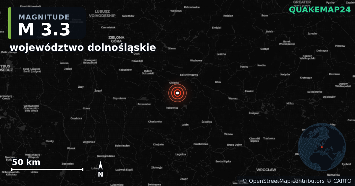 M3.3 earthquake near województwo dolnośląskie on Oct 12, 2025 — map of epicenter and shaking intensity | QuakeMap24