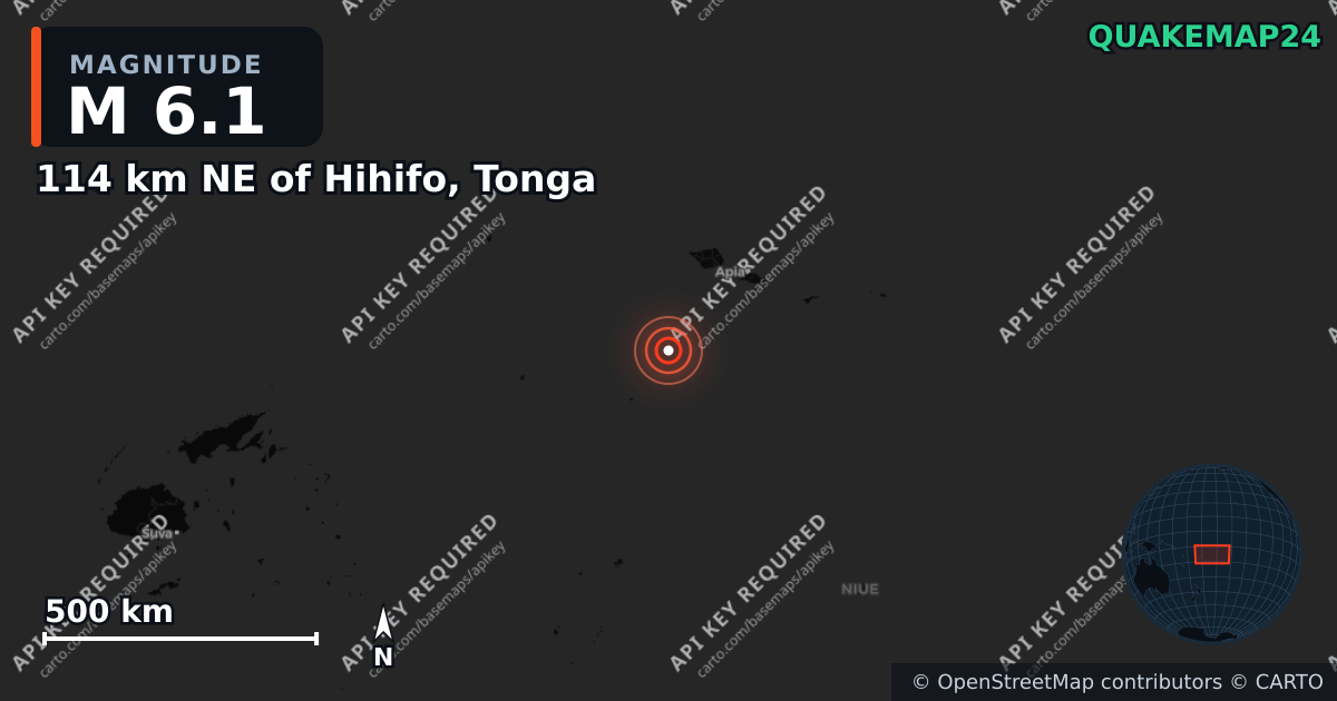 M6.1 earthquake near 114 km NE of Hihifo, Tonga on Apr 19, 2026 — map of epicenter and shaking intensity | QuakeMap24