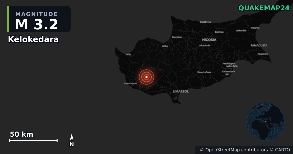 M3.2 earthquake near Kelokedara on Jan 8, 2026 — map of epicenter and shaking intensity | QuakeMap24
