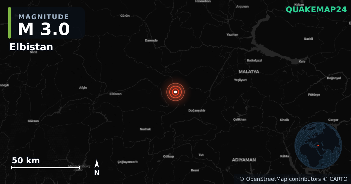 M3.0 earthquake near Elbistan on Jul 18, 2026 — map of epicenter and shaking intensity | QuakeMap24