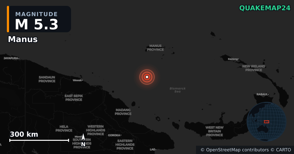 M5.3 earthquake near Manus on Jun 29, 2025 — map of epicenter and shaking intensity | QuakeMap24