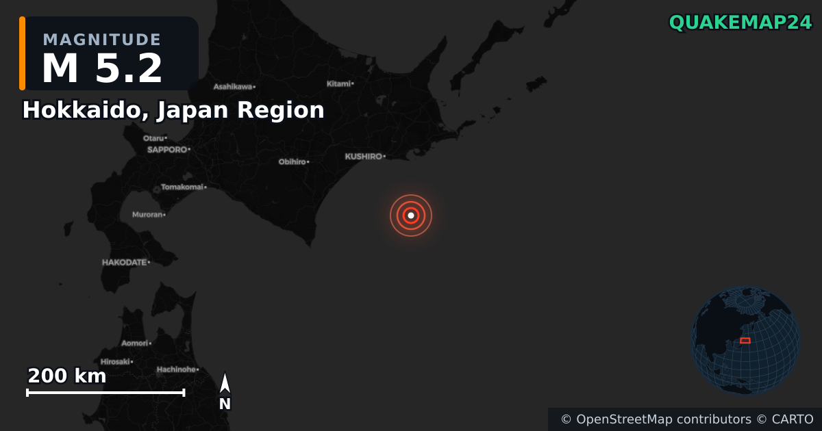 M5.2 earthquake near Hokkaido, Japan Region on Aug 12, 2025 — map of epicenter and shaking intensity | QuakeMap24