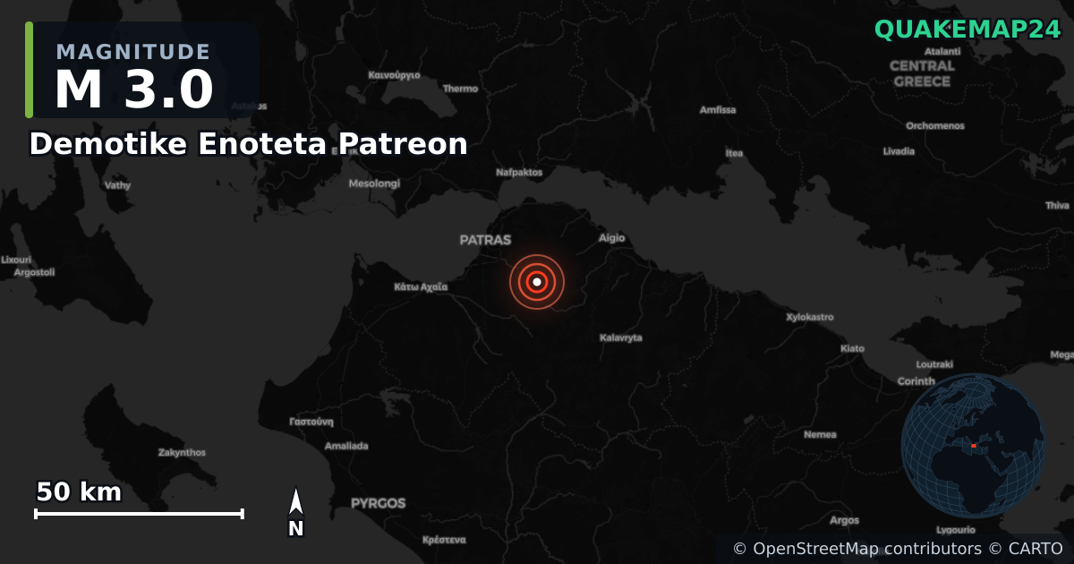 M3.0 earthquake near Demotike Enoteta Patreon on Apr 15, 2026 — map of epicenter and shaking intensity | QuakeMap24