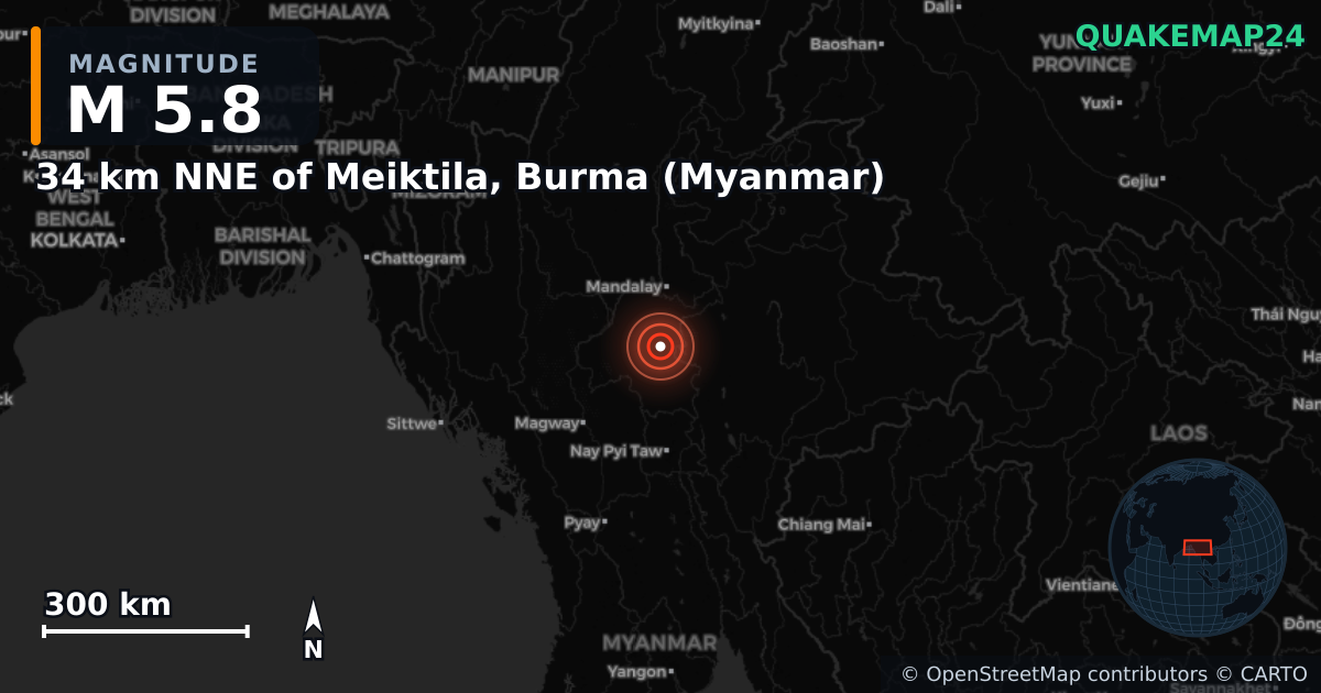 M5.8 earthquake near 34 km NNE of Meiktila, Burma (Myanmar) on Apr 13, 2025 — map of epicenter and shaking intensity | QuakeMap24
