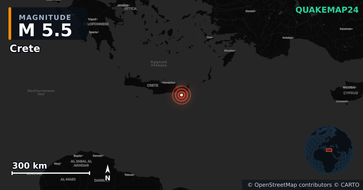 Erdbeben M5,5 bei Crete · 2026-04-24 — Karte der Lage des Epizentrums