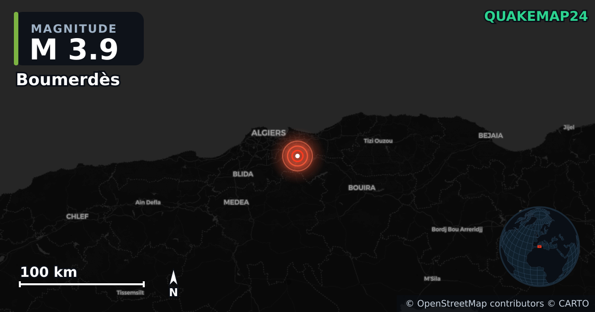 M3.9 earthquake near Boumerdès on Jun 23, 2025 — map of epicenter and shaking intensity | QuakeMap24