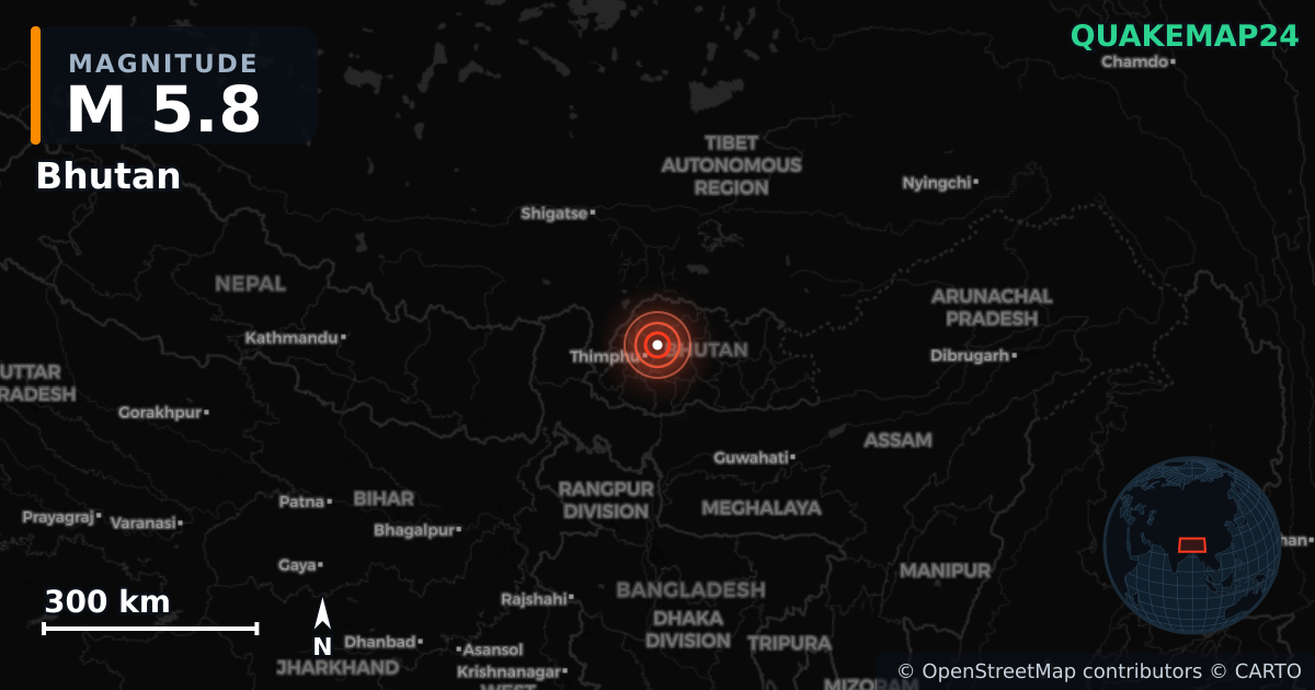 M5.8 earthquake near Bhutan on Jun 7, 2026 — map of epicenter and shaking intensity | QuakeMap24
