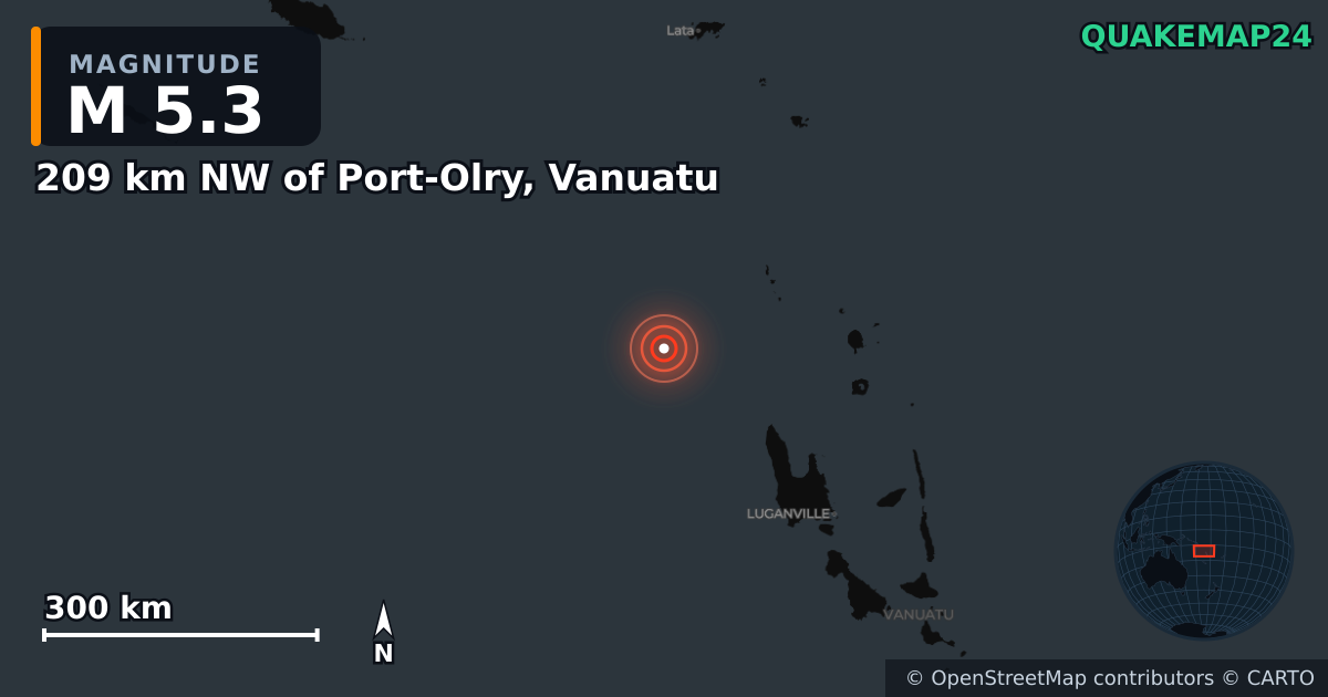 Sismo de M5,3 perto de 209 km NW of Port-Olry, Vanuatu · 2026-10-20 — Mapa da localização do epicentro
