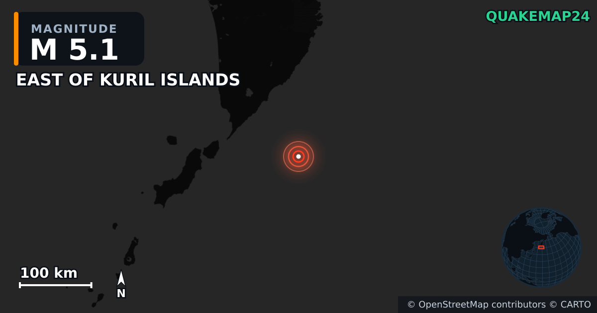 M5.1 earthquake near EAST OF KURIL ISLANDS on Jul 31, 2025 — map of epicenter and shaking intensity | QuakeMap24
