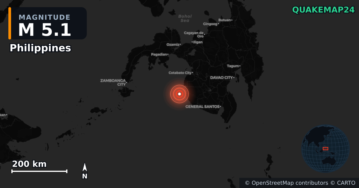 M5.1 earthquake near Philippines on Jan 28, 2026 — map of epicenter and shaking intensity | QuakeMap24