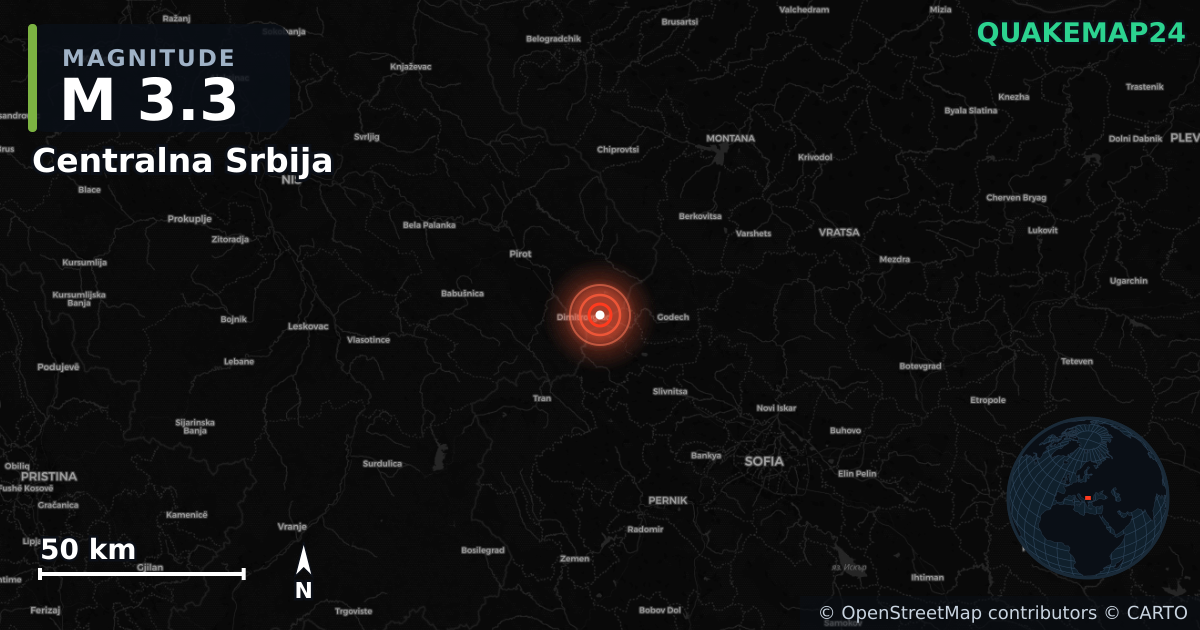 M3.3 earthquake near Centralna Srbija on Sep 2, 2025 — map of epicenter and shaking intensity | QuakeMap24