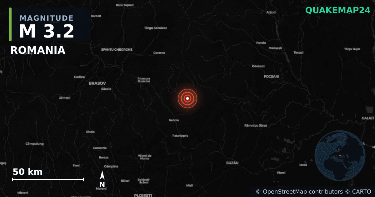 M3.2 earthquake near ROMANIA on Oct 12, 2025 — map of epicenter and shaking intensity | QuakeMap24