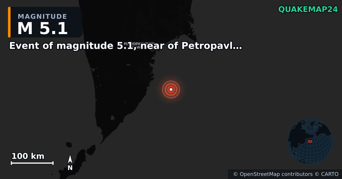M5.1 earthquake near Event of magnitude 5.1, near of Petropavlovsk Kamchatskiy (Monde) on Sep 25, 2025 — map of epicenter and shaking intensity | QuakeMap24