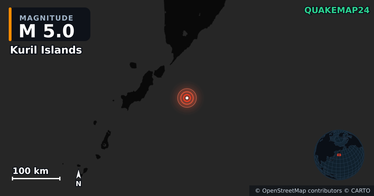 M5.0 earthquake near Kuril Islands on Aug 5, 2025 — map of epicenter and shaking intensity | QuakeMap24