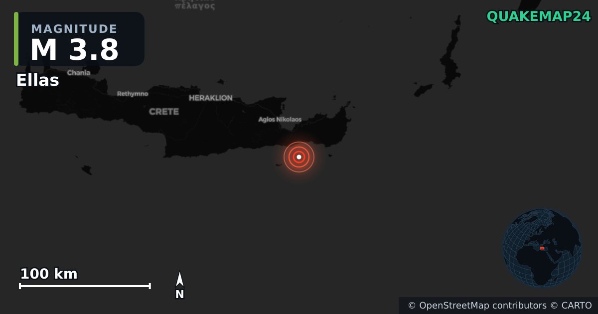M3.8 earthquake near Ellas on Feb 6, 2026 — map of epicenter and shaking intensity | QuakeMap24