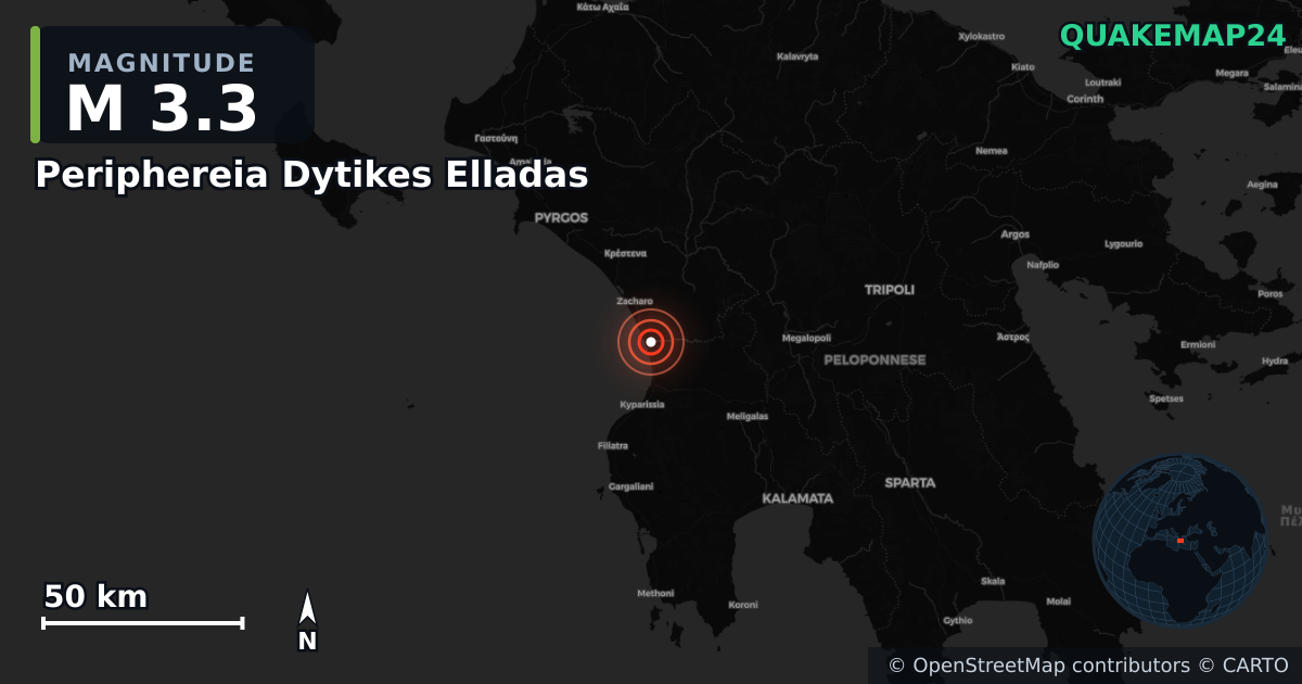 M3.3 earthquake near Periphereia Dytikes Elladas on Dec 10, 2025 — map of epicenter and shaking intensity | QuakeMap24