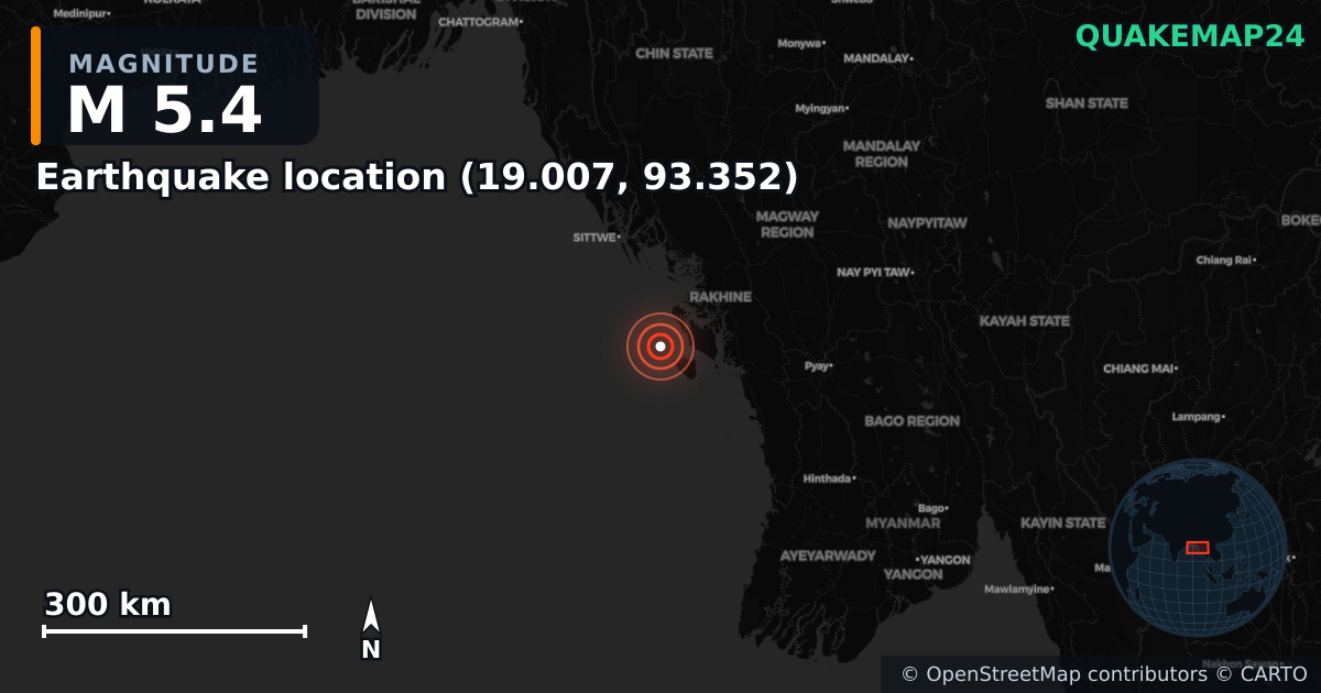 M5.4 earthquake near Deprem konumu (19.007, 93.352) on May 18, 2025 — map of epicenter and shaking intensity | QuakeMap24