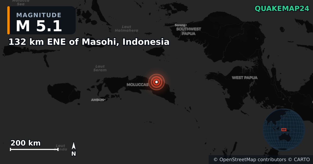 Erdbeben M5,1 bei 132 km ENE of Masohi, Indonesia — Karte der Lage des Epizentrums