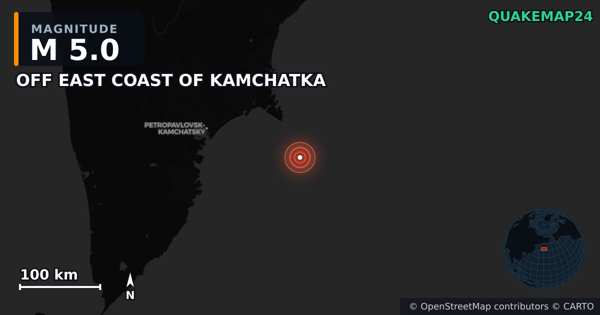 M5.0 earthquake near OFF EAST COAST OF KAMCHATKA on Sep 2, 2025 — map of epicenter and shaking intensity | QuakeMap24