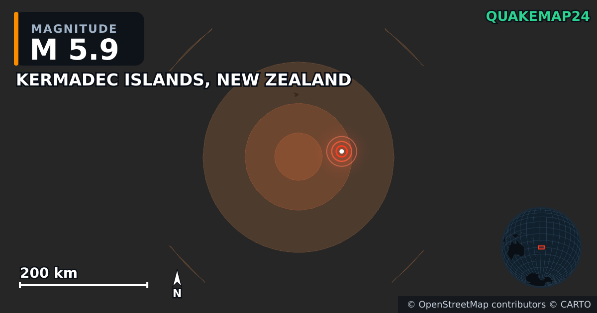 KERMADEC ISLANDS, NEW ZEALAND yakınında M5,9 deprem — Deprem merkez üssünün konumunu gösteren harita
