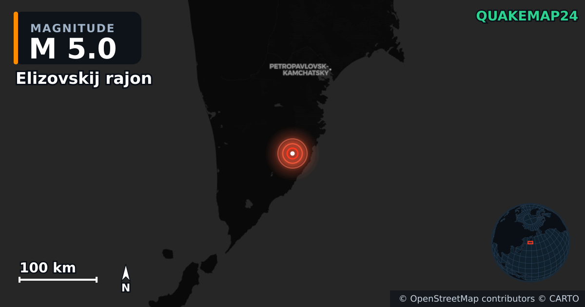 M5.0 earthquake near Elizovskij rajon on Feb 26, 2026 — map of epicenter and shaking intensity | QuakeMap24