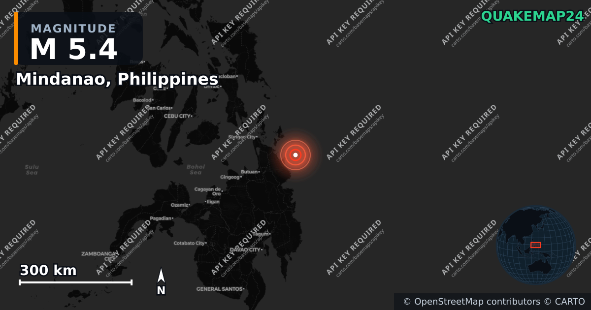 M5.4 earthquake near Mindanao, Philippines on May 24, 2026 — map of epicenter and shaking intensity | QuakeMap24