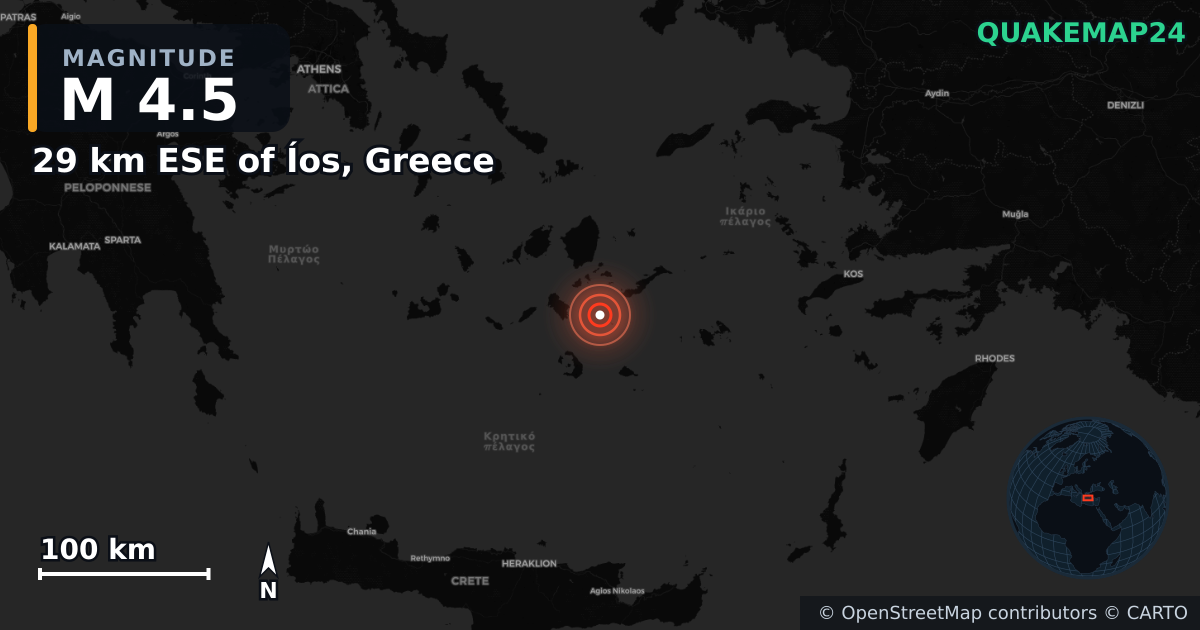 M4.5 earthquake near 29 km ESE of Íos, Greece on Feb 3, 2025 — map of epicenter and shaking intensity | QuakeMap24