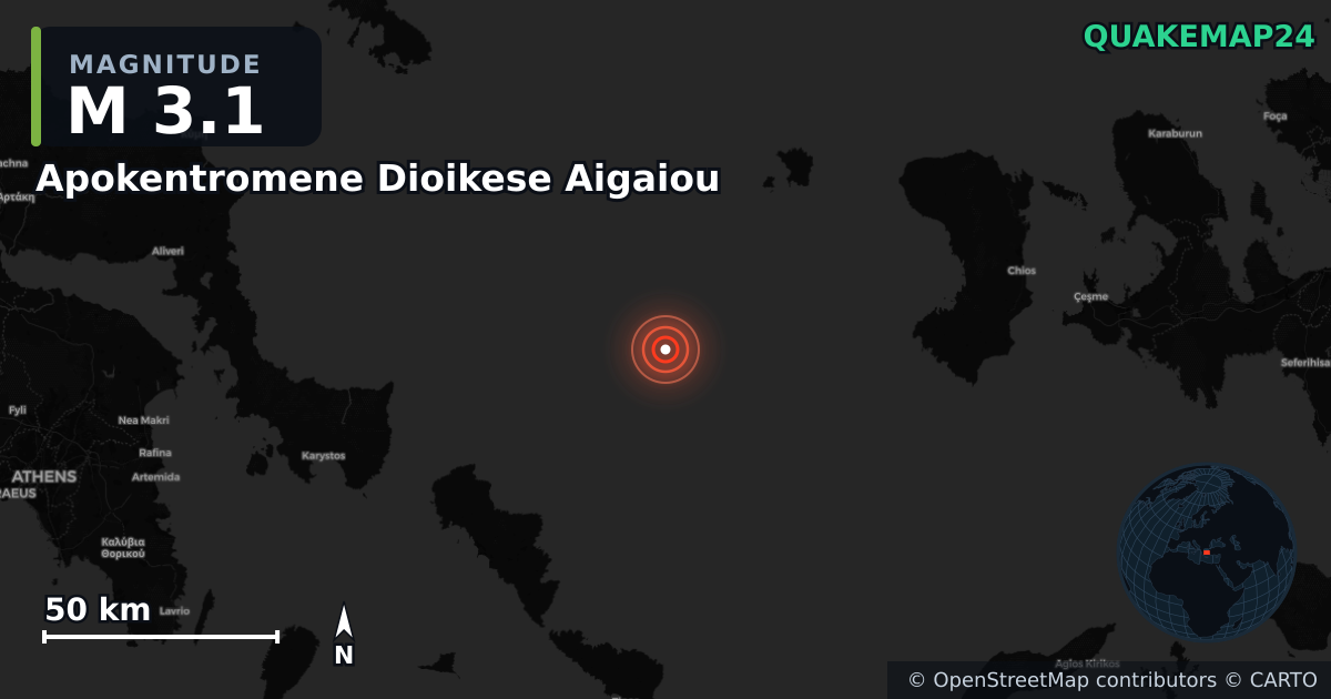M3.1 earthquake near Apokentromene Dioikese Aigaiou on Sep 20, 2025 — map of epicenter and shaking intensity | QuakeMap24