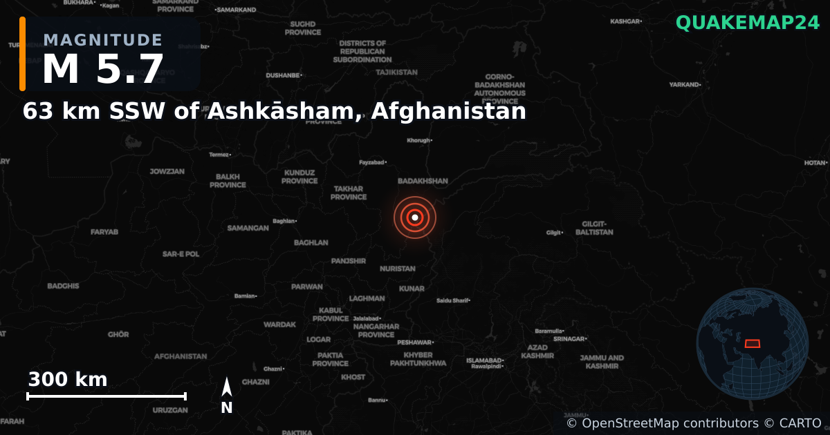 M5.7 earthquake near 63 km SSW of Ashkāsham, Afghanistan on Apr 19, 2025 — map of epicenter and shaking intensity | QuakeMap24