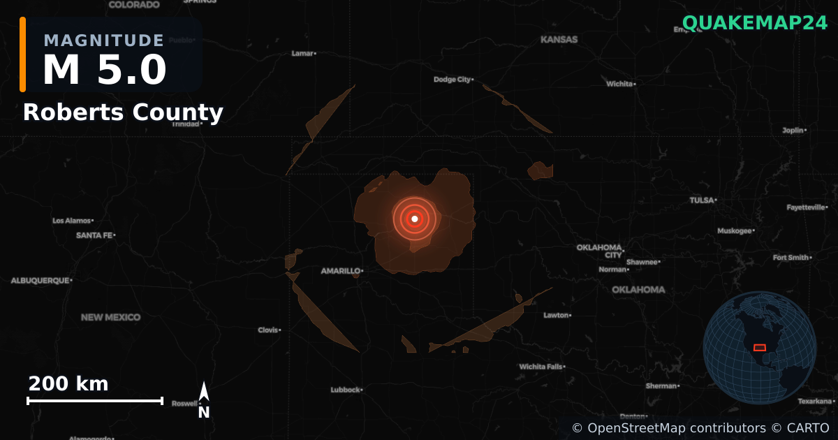 Erdbeben M5,0 bei Roberts County, Texas (Vereinigte Staaten) · 2026-07-23 — Karte der Lage des Epizentrums