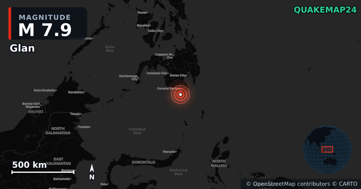M7.9 earthquake near Glan on Jun 7, 2026 — map of epicenter and shaking intensity | QuakeMap24