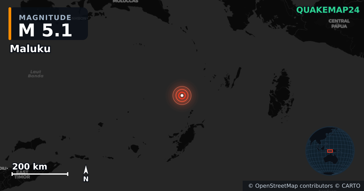 M5.1 earthquake near Maluku on Aug 30, 2025 — map of epicenter and shaking intensity | QuakeMap24