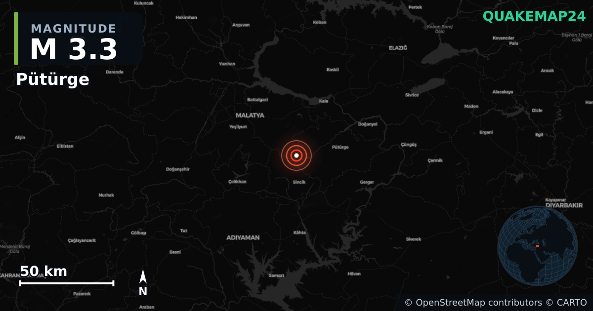 M3.3 earthquake near Pütürge on Jul 11, 2025 — map of epicenter and shaking intensity | QuakeMap24