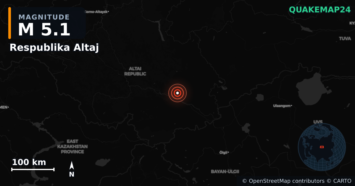 M5.1 earthquake near Respublika Altaj on May 25, 2025 — map of epicenter and shaking intensity | QuakeMap24