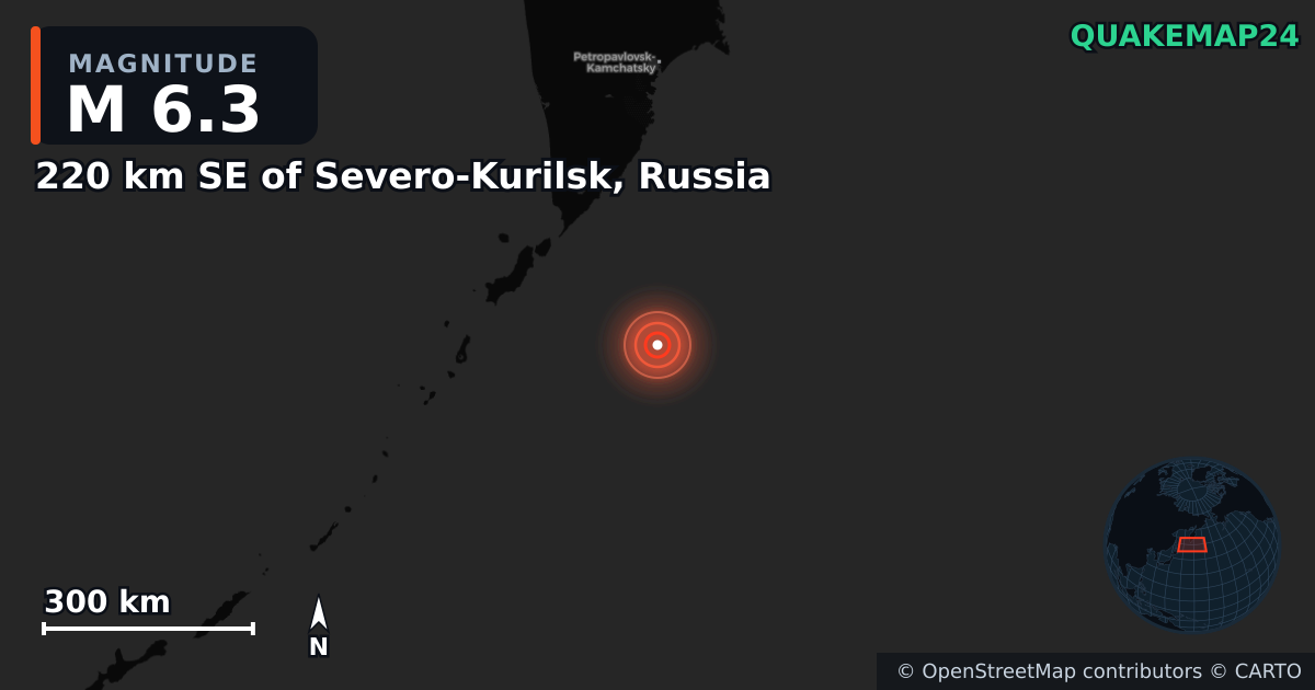 M6.3 earthquake near 220 km SE of Severo-Kurilsk, Russia on Jul 31, 2025 — map of epicenter and shaking intensity | QuakeMap24
