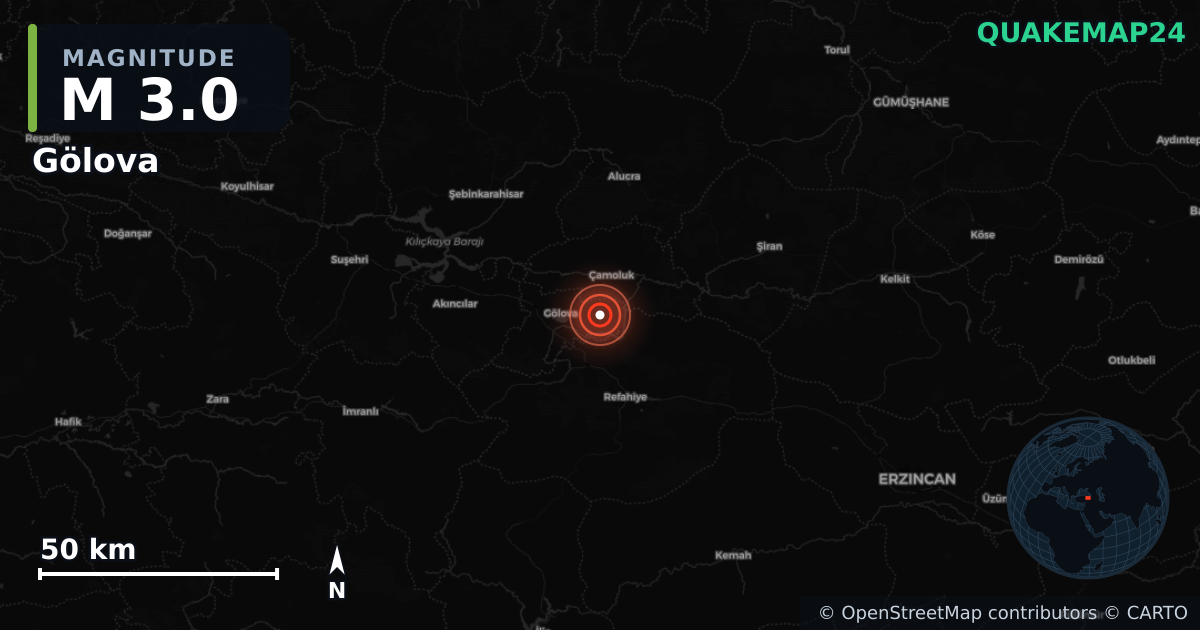 M3.0 earthquake near Gölova on Jul 8, 2026 — map of epicenter and shaking intensity | QuakeMap24